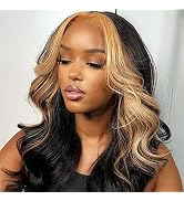 YMSGIRL Skunk Stripe Wig Human Hair Lace Front Highlight Colored 5x5 Lace Closure Wigs Honey Blon...