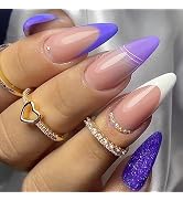 MUZOXEN French Tip Press on Nails Medium, Almond Fake Nail with Glitter Purple Designs, Acrylic F...