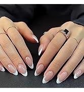 White French Tip Press on Nails Almond Shape Fake Nails Nude Medium False Nails Acrylic Artificia...