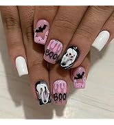 Halloween French Tip Press on Nails Short Black Ghosts Fake Nails Full Cover Square False Nails w...