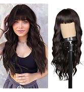 Haoland Dark Brown Wig With Bangs For Women 26 inch Curly Brown Wig Long Natural Looking Hair Rep...