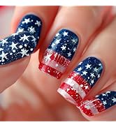 Independence Day Press on Nails Short Square 4th of July False Nails Glossy Patriotic Glue on Nai...