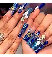 QQPPOLIU Royal Blue Press on Nails Long Length Square Shape Acrylic Fake Nails with Rhinestones D...
