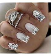 MUZOXEN Coffin Press on Nails Medium, Square Fake Nails with Nail Glue Glitter Sequin Glossy Desi...