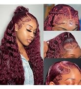 VELOMA Deep Wave 180 Density HD Lace Front Wigs Human Hair Burgundy 13x4 Lace Frontal Wig, Burgun...