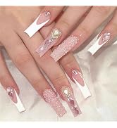 Long Press on Nails White French Tip Long Fake Nails Coffin Press on Nails Square False Nails wit...