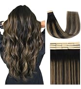 Lashey Tape in Hair Extensions Human Hair Natural Black Mixed Chestnut Brown 14 Inch 20pcs 50g Ta...