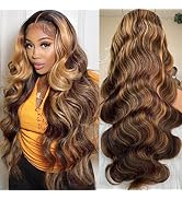 MSGEM Highlight Ombre Body Wave Transparent Lace Front Wigs 180% Density Human Hair 30 inch 4/27 ...