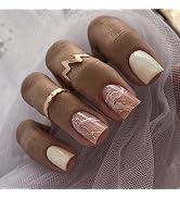 ROMODIYA Press on Nails Short Square, Nude Pink Marble Design Fake Nails, Gel Made Solid Color Fa...