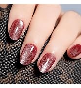 Short Press on Nails,BettyCora Almond Nails 24 PCS Fake False Nail Tips with Nail Glue,Red Cat-Eye