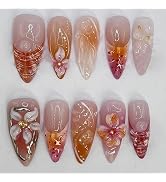 BABALAL Press on Nails Almond Medium Fake Nails Orange Pink Glue on Nails 3D Texture Ripple Flowe...