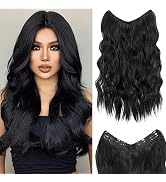 S-noilite Invisible Wire Hair Extensions 24 Inch Black Long Wavy Synthetic String Wire Secret Hai...