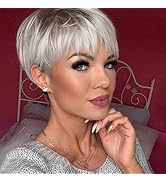 MIMAN Short Platinum Blonde Pixie Cut Wig Fluffy Short Hair Wigs with Bangs Dark Color Roots Laye...