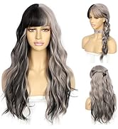 SAPPHIREWIGS Highlight Silver Grey Wig with Bangs Long Gray with Black Wig for Women Natural Wavy...