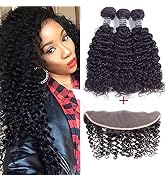 Amella Hair 8A Brazilian Virgin Curly Hair 3 Bundles with Lace Frontal non Baby Hair 100% Unproce...