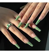MUZOXEN Press on Nails Long, Ballet Fake Nails with Leopard Green Designs, Acrylic False Nails St...