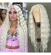 SAPPHIREWIGS Platinum Blonde Synthetic Lace Front Wig 13×4 Long Wavy Wigs White Crimp Curly Hair ...