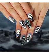 Halloween Press on Nails Medium Almond SWEKKE Fake Nails Full Cover Nightmare Before Christmas Na...