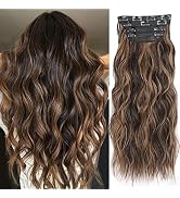 Cisyia 4PCS Clips in Hair Extension for Women Long Wavy Synthetic Hair Thick Hairpiece Balayage C...