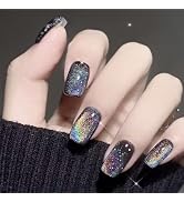 Black Cat Eye Press on Nails Short Square Fake Nails Black False Nails with Designs Colorful Glit...
