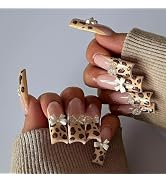 3D French Tip Press on Nails Long Coffin Bow False Nails Fall Leopard Fake Nails with Design Fren...