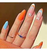 MUZOXEN French Tip Press on Nails Long, Almond Fake Nails with Rainbow Swirl Designs, Acrylic Fal...