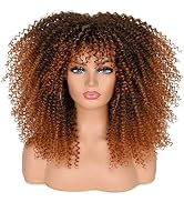 ANNISOUL 16Inch Curly Wigs for Black Women Black to Brown Afro Bomb Curly Wig with Bangs Syntheti...