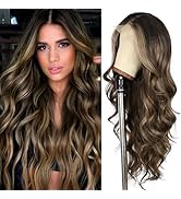 SAPPHIREWIGS Long Body Wave Highlight Brown Lace Front Wig 13x4 Lace Front Wig Brown Wavy Synthet...
