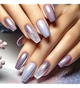 Purple Press on Nails Coffin Fake Nails Charming Purple Flower Glue on Nails with Gradient Glitte...