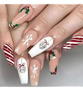 Christmas Press on Nails Long Coffin MABKJLF Fake Nails Red Green Full Cover Holly Snow Swirl Fal...