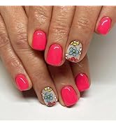 Flower Press on Nails Short Square Fake Nails Red False Nails Press ons with Designs Floral Gloss...