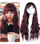EVLYNN Long Wavy Red 99j Wig with Bangs Long Loose Curly Red Wigs for Women Heat Resistant Synthe...