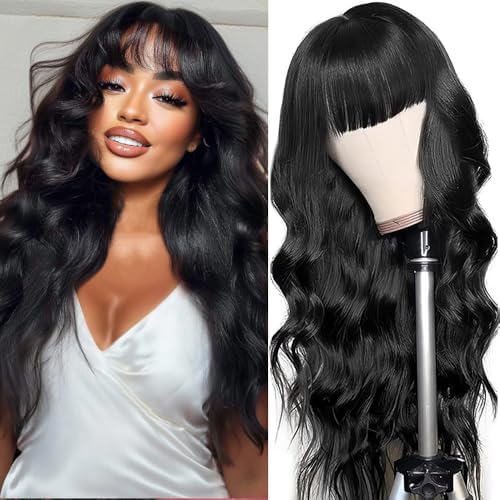 Sooolavely 18 Inch Body Wave Wigs with Bangs Human Hair Wig for Women Machine Made None Lace Front Wigs 180% Density Brazilian Virgin Human Hair Glueless Wig with Adjustable Drawstring Natural Color