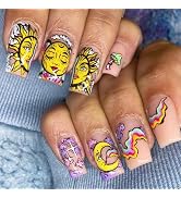 Medium Press on Nails Square Rainbow False Nails Halloween Fake Nails with Sun God Design Neon Mo...
