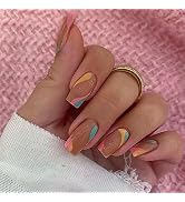 MUZOXEN Coffin Press on Nails Medium Square Fake Nails with Nail Glue Glossy Colored Swirl Design...