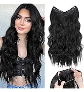 S-noilite Invisible Wire Hair Extensions 24 Inch Black Long Wavy Synthetic String Wire Secret Hai...