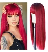 EVYLNN Red Wig with Bangs Straight Red Wigs for Women Heat Resistant Synthetic Fiber Dark Rooted ...