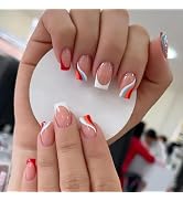 24Pcs French Tip Press On Nails Short Fake Nails, Square Full Cover Acrylic Gel Nails, Reusable F...