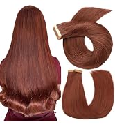 Tape in Hair Extensions, 20pcs 14 Inch Dark Auburn Straight Human Hair Extensions Tape in Seamles...