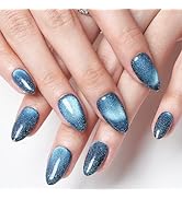 GLAMERMAID Dark Blue Press on Nails Short Almond, Handmade Magnet Cat Eyes Jelly Gel Fake Nail, A...