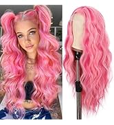 SAPPHIREWIGS Lace Front Wigs Highlight Pink Color Long Loose Curly Wavy Wig Heat Resistant Fiber ...