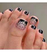 YOSOMK French Tips Press on Toenails Black Square Toe Nail Tips Floral Designs Toe Nails Fake Nai...
