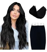 Tape in Hair Extensions 24 Inch Jet Black 100% Real Human Hair Extensions Long Straight Seamless ...