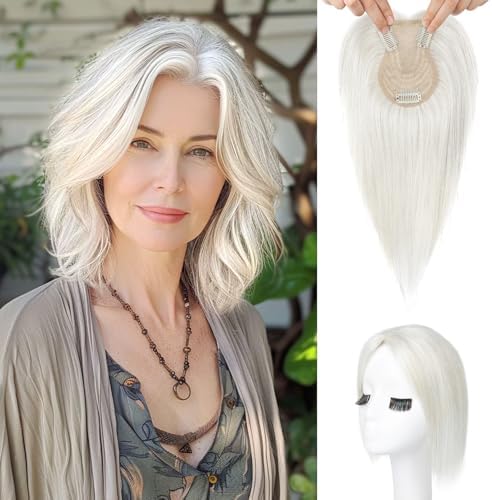 Flufymooz 100% Real Human Hair Toppers for Women, 10 Inch Clip in Human Hair Topper for Thinning Hair, 360°3D Cover Clip in Bangs Natural Hairpiece With 4.5'' x 3'' Silk Base-Silver White