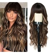 Ombre Brown Wigs with Bangs 26 Inches Long Wavy Curly Brown Mixed Blonde Highlight Wig for Women ...