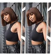 YMSGIRL Human Hair #4 Dark Brown Bob Wig With Bangs Chocolate Brown Bob Wigs Human Hair Short Bro...