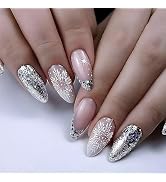 Christmas Press on Nails Medium Almond SWEKKE French Tip Fake Nails Sliver Full Cover White Snow ...