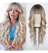 Haoland Long Ombre Blonde Wigs for Women Curly Wavy Synthetic Wig with Bangs Natural Looking Heat...