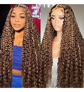 LAINSS 32inch Highlight Curly Lace Front Wigs Human Hair 13x6 Ombre Deep Wave Lace Front Wig Huma...