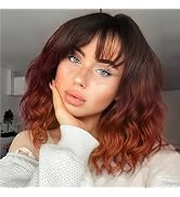 ENTRANCED STYLES Short Red Wavy Wig for Women Dark Red Wavy Bob Wigs with Bangs Ombre Red Curly W...